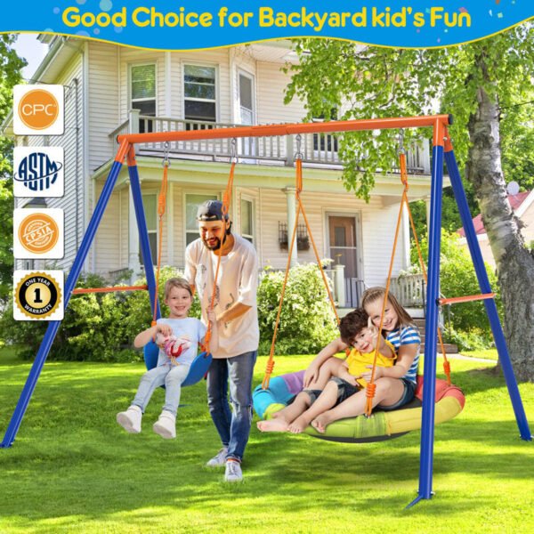 Jovego 690lbs 2 Seat Swing Set for Backyard, 1 Saucer Swing and 1 Belt Swing with Heavy Duty Outdoor A-Frame Metal Swing Stand for Playground, Playset - Image 5