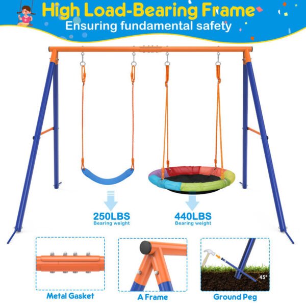 Jovego 690lbs 2 Seat Swing Set for Backyard, 1 Saucer Swing and 1 Belt Swing with Heavy Duty Outdoor A-Frame Metal Swing Stand for Playground, Playset - Image 3